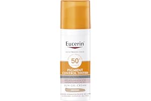 Eucerin Sun Pigment Control FPS 50+ con color tono medio (50 ml), crema facial solar FPS 50+ con filtros UVA/UVB, protección solar antimanchas, crema de sol con color para todo tipo de pieles