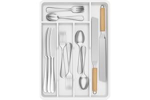 Lifewit Pequeño Bandeja para Cubiertos, Porta Cubiertos con 5 Compartimentos, Cajon Organizador Cubiertos de 24 x 34 cm, Separador Cubiertos Cocina Plástico con Cuchara/Tenedor/Cuchillo, Blanco