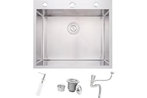 Fregadero de Cocina Cepillado, Bokaiya 55 x 50 cm Empotrable, de Acero Inoxidable, Profundo, con 3 Agujeros para Grifo, Dispensador de Jabón y Sifón, para Cocinas Pequeñas, Bares y Restaurantes