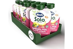 Hero Solo Bio Frutta e Cereali Frullati 100% Bio, Special Mix, Senza Zuccheri Aggiunti, Purea di Mela, Banana, Mirtillo, Lampone con Avena - 12 Confezioni da 100 gr
