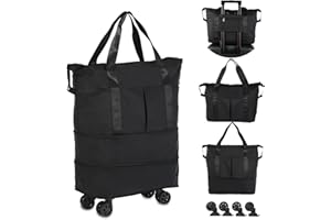 VOOWO Torba podróżna na kółkach, rozszerzalna składana torba sportowa z kółkami do podróży, bagaż podręczny, torba podróżna na kółkach, duża torba weekendowa, dla kobiet i mężczyzn, Czarny,