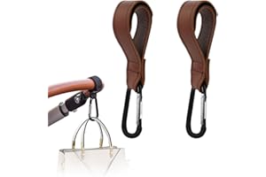 WIDENLISE 2 Pcs Stroller Hooks, Buggy Clips PU Leather Pram Hook Clips for Bags Handbag, Non-Slip Heavy Duty Universal Stroller Clips for Baby Travel Essentials, Carry 10kg per pram Clip (Leather, Brown)