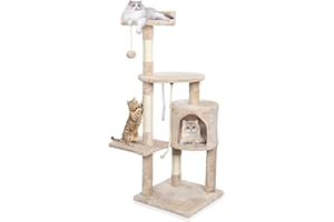 ERREYHT Arbre à Chat Hauteur 112 cm,Tour de Jeux pour Chats avec 3 Poteaux en Sisal,2 Plateformes,1 Nid Douillet,1 Pompons,Multi-Niveaux,Beige Clair Convient aux Chats de Petite et Moyenne Taille (Beige)