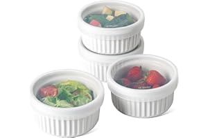 LE TAUCI Cocotte da Forno Monoporzione con coperchi in silicone, 4 X 350 ml Creme Brulee e Soufflé, Pirottini impilabili in Ceramica per Forno, Cottura, Salse, Panna, Gelato, Set di 4, Bianco