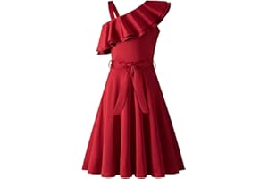 Arshiner Filles Robes Une Épaule Eté Col Ruffle de Fête Elégante sans Manches Robe pour Fille 5-13 Ans