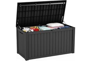 Vidacharmy - Large Garden Storage Box 570L / 150 Gallon, Colour Black and Wood Effect, Water-Resistant Plastic Outdoor Locker with Lockable Lid for Furniture Cushions, Logs, Tools, PP Resin Material