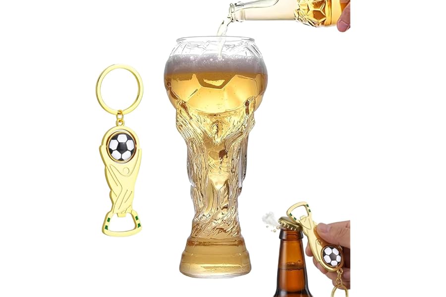 Trophy Style 600ml Beer Glass for 2026 World Cup, Large Beer Mug with Football Bottle Opener for 2026 Football Match Day Bar Watch Party & Gift for Father Men Foot ball Fans