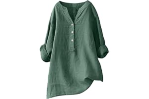 SCBFDI Chemisier Femme Chic et élégant, Chemise Lin Femme 2024 Printemps Eté Chic T-Shirt Manches Longues Col V Bouton Tshirt Couleur Unie Lâche Respirant Coton Lin Tunique Grande Taille Pas Cher Top