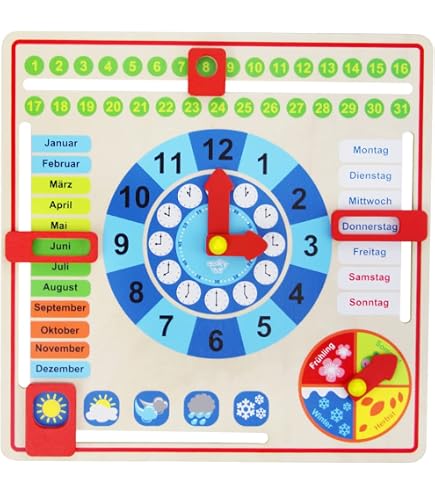 Small Foot Tabla De Aprendizaje De Madera – Reloj Para Enseñar Fecha, Hora, Estaciones Y Clima, Para Niños De 3+ Años