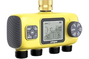 Johgee Programador Riego 4 Salidas con entrada de latón, 4 programas de riego de zonas Temporizador de riego de jardín, temporizador de riego automático Modo retardado por lluvia/manual/automático