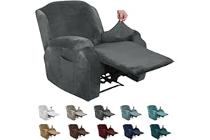 XINEAGE 4 Pieces Velvet Recliner Slipcover Stretch Recliner Chair Cover with Side Pocket Anti-Slip Fitted Recliner Cover Couch Furniture Protector with Elastic Bottom (Recliner, Grey)