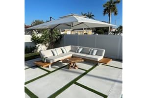 PURPLE LEAF Parasol Déporté Carré 3 x 3 m, Grain de Bois en Aluminium Parasol De Jardin Extérieur Toit à Double Rotatif 360° avec Housse de Protection, Crème