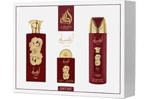 Lattafa Pride Ansaam Gold - Juego de regalo de 3 piezas (EDP de 100 ml + spray corporal perfumado de 200 ml + EDP de viaje de 20 ml + botella recargable) - Fragancia de larga duración para mujer