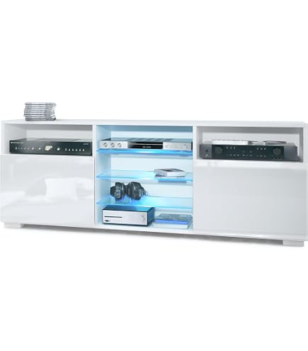 Meuble TV Moderne Avec LED 16 Couleurs - 160x38.5x60 Cm, 2 Portes, étagères Réglables, Pour TV Jusqu'à 60 Pouces