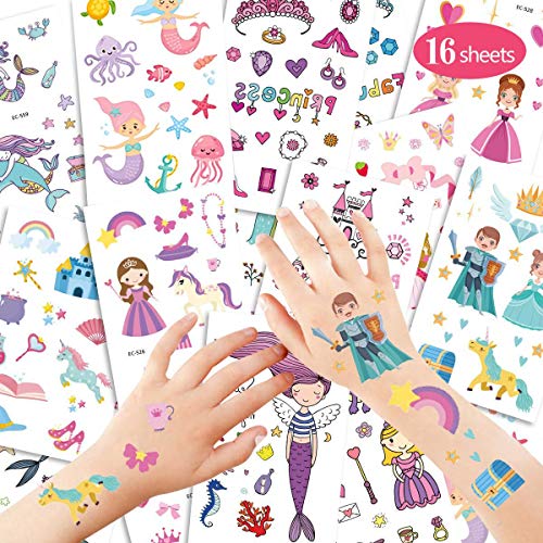 YEFIDER 16 Blatt Meerjungfrau Kinder Tattoos, Prinzessin Temporäre Tattoos Wasserdicht Aufkleber, Mädchen Kindergeburtstag Party