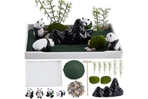 WEBEEDY Kit de Mini Jardin Zen DIY avec Plateau de Sable Panda pour Bac à Sable de Bureau Plateau de Méditation Rectangulaire Miniature de 20.4x10.2cm avec Ornements en Pierre de Méditation Fabriqués