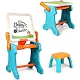 Eazy Kids LS_2IN1BTS&DB_BU Little Story Double Sided 2-IN-1 Blocks Table & Magnetic Learning Board Set with Chair - Multicolor