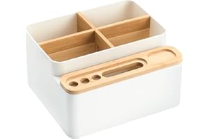 QH-Shop Schreibtisch Organizer Holz Stiftehalter Desktop Fernbedienungshalter Tisch Aufbewahrungsbox mit Abnehmbarem Fächer für Büro, Schule und Haushalt Weiß