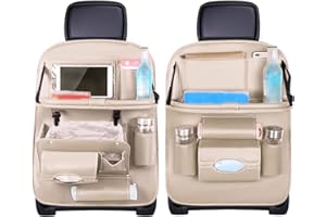 SEHAUSEU 2 pz Organizer per Sedili Auto, Protezione Sedile Posteriore Auto, PU Impermeabile Anti-Calcio Multifunzionale, con Tavolino Pieghevole Scomparto per Tablet, 8 Tasche, Beige