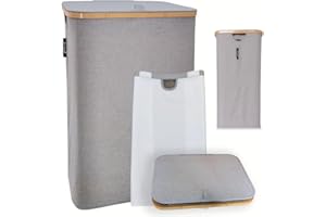 BABYLON 3K - Cubo de Ropa Sucia con Tapa y Bolsa 100L Gris, Plegable, Tela, Bambú