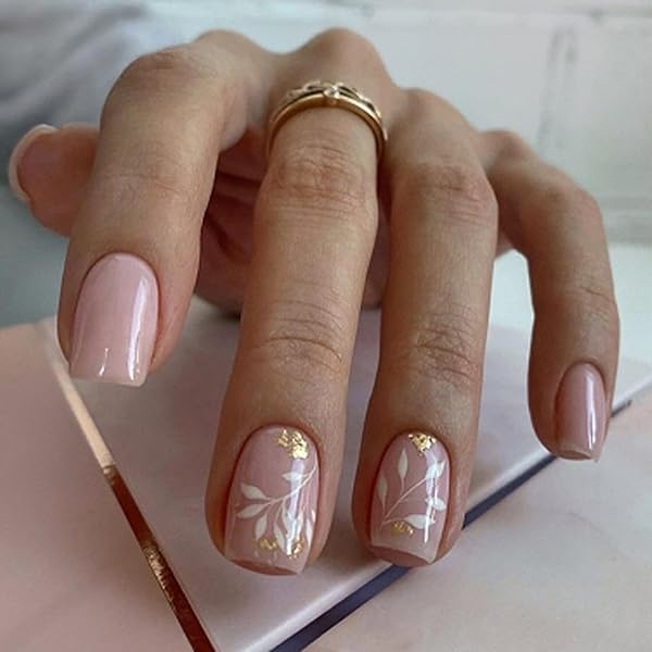 FEMBW Aufklebernägel Kurz & Quadratisch – Natürliches Nude Design Mit Blumen Für Perfekte DIY-Maniküre