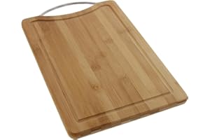 Pradel Excellence - Planche à Découper Rectangulaire en Bambou 20 x 30 cm - Rigole à Jus Intégrée - Poignée de Transport en Acier Inoxydable - Surface Résistante