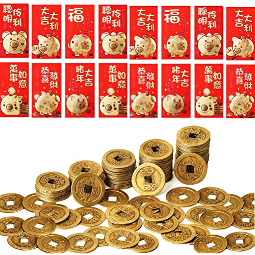 Uoeo 24 PCS 2019 Chinese Red Envelopes, 100 Pack 1 inch Feng Shui Coins Good Luck Fortune Coin Lucky Coins Lunar Pig Year Hong Bao Money Packet (6.5x3.5inch)
