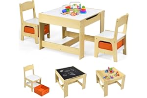 RELAX4LIFE 3 en 1 Juego de Mesa y Silla Infantil con Pizarra y Pizarra Blanca, Mesa Infantil con Sillas y 2 Cajas de Almacenamiento, Mesa Infantil Reversible para Guardería, Sala de Juegos (Naranja)