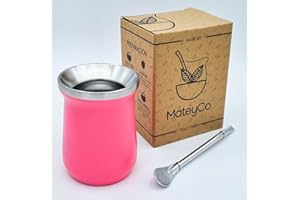 MateyCo Mate argentino con bombilla 236 ml - Kit mate argentino doble pared de acero inoxidable- Set mate argentina (Fucsia)