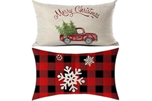 MORNEVE Fundas de Almohada navideñas de búfalo a Cuadros para decoración casa Campo Funda Almohada Decorativa Rectangular cojín Lumbar del hogar Copo de Nieve árbol de Navidad camión 30x50cm