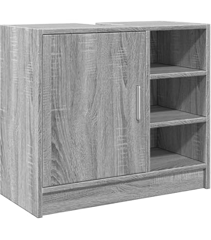 Armoire Sous Lavabo Sonoma Gris - 63x30x54 Cm, Bois Ingénierie, 1 Portes + 3 Tiroirs, Pour Salle De Bain