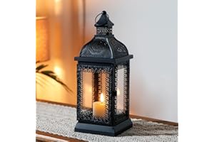 TRIROCKS Farol Estilo Rústico Metálico Colgante, Soporte de Vela Decorativo con Vidrio Templado para Navidad, Sala, Jardín y Eventos (Negro)