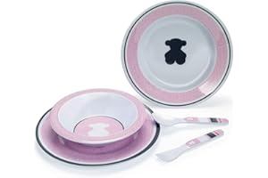 Tous - Pack de Vajilla de melamina con plato hondo, plato llano, bol, tenedor y cuchara en color rosa