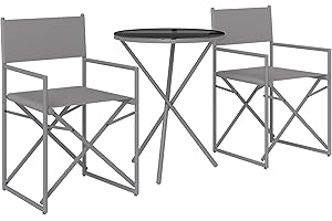 Outsunny Conjunto de Muebles de Jardín de 3 Piezas Juego de Muebles de Balcón con 2 Sillas Plegables Mesa con Encimera de Vidrio Templado y Estructura de Acero para Terraza Patio Exterior Gris Oscuro