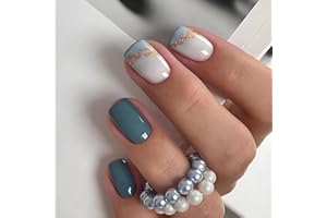 MIKLOVEN 24 Pcs Marine Jewel Short Press-On Nails Kit – Light Blue & Gold Glitter Semi-Cured Gel Strips, Durable ABS Full Cover, 12 Sizes Custom Fit, Accessory Tool Included, 3-Minute No-Tool Application