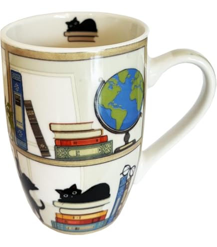 KIUB Zeer grote mok van porselein, afgerond, motief kat op boeken, drinkbeker, koffiemokken, hoogte 12 cm, inhoud 490 ml, op kleur gesorteerd