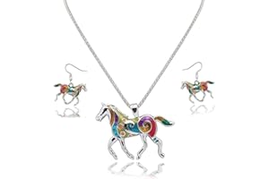 JinYu Juego de pendientes de collar con colgante de caballo de arco iris de aceite para niñas y niños, plata