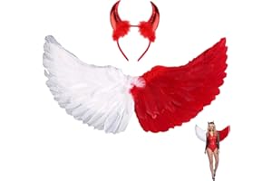LRXYFYW 60cm Engelsflügel Weiß Rot Teufelsohren,rot Engel Kostüm Damen,Engelsflügel Rot,Rot Engel Kostüm Mädchen,Teufels Flügel Helloween,Teufel Kostüm,Engel und Teufel Flügel Kostüm Damen