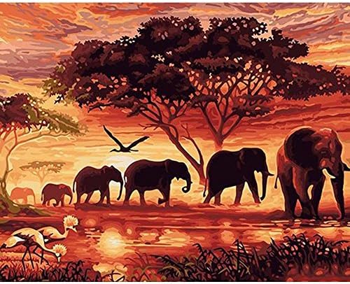 WULAU 5D DIY Full Drill Diamond Painting,Rhinestone Pasted DIY Painting Cross Stitch Elephants in the Afterglow,Home Room Decoration Best Gift,Size 50 * 40cm