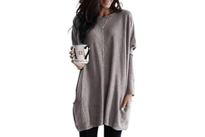 CXMSYY Langarmshirt Damen Rundhals Longshirt Oberteile Herbst Elegante Locker Langarm Oversize T Shirt Pullover Basic Tunika mit Tasche