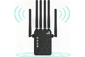AKOADA WiFi Extender, WiFi Repeater, 1200Mps Dual Band 5GHz and 2.4GHz WiFi Signal Amplifier, Repeater/Router/AP Mode, WiFi Booster with 6 Powerful Antennas, 2 LAN Ports for Home/Office, UK Plug - Black