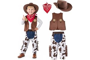 Vicloon Deguisement Costume de Cowboy avec Bandana Rouge, Pantalon, Gilet et Chapeau, Déguisement Cowboy Enfant Garcon, Bébé Garçon Déguisements Cowboys Costume pour Carnival Halloween Noël