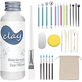 Kit of 29 Clay Tools with Clay Varnish (Glossy) | Scratch Resistant and Waterproof, Ceramic Tool Kit for Sculpting, Modeling