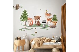 Runtoo Zwierzęta leśne naklejki ścienne niedźwiedź lis drzewo las naklejki ścienne do sypialni dziecięcej dekoracja ścienna do pokoju dziecięcego