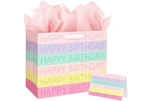 LLUOXI Large Birthday Gift Bag, Macaron Gift bags for Presents, Medium Gifts Bag with 3 Tissue Paper and 1 Greeting Card for Men Women's Birthday Supplies, Presents Bags with Handles for Kids Adults