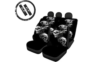 Poceacles Vordere und hintere Autositzbezüge mit Lenkradbezug & Auto-Sicherheitsgurtpolster, Universelles Totenkopf-Druck,Sitzbezüge, komplettes Set, 7-teiliges Set für SUVs, Limousinen, Vans, LKWs