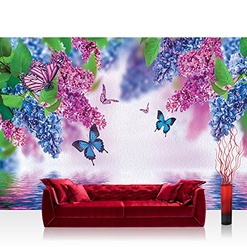 Vlies Fototapete 400x280 cm PREMIUM PLUS Wand Foto Tapete Wand Bild Vliestapete - Blumen Tapete Flieder Schmetterling Wasser lila - no. 418