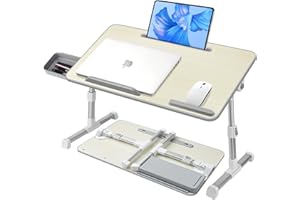 AirOpen Table de Lit pour Ordinateur Portable, Pliable, Réglable en Hauteur et Angle, Plateau de Lit avec Tiroir/Fente pour Tablette, Table pour Canapé, Sol (60 x 34 cm, Beige)
