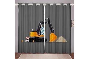 Loussiesd Bagger Vorhänge Kissenbezug Jungen Nette Fahrzeuge LKW Auto Fenstervorhang 175x140cm Kinder Karikatur Maschinen Autos Blickdichte Vorhänge Kinderzimmer Dekor Baustelle