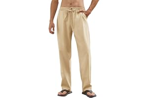 Yuson Girl Pantalon Lino Hombre Verano Pantalones de Lino y Algodon Casual Anchos Largos Pantalón Cómodos Ligeros Pantalones Rectos con Cordón Bolsillos para Vacaciones, Uso Diario
